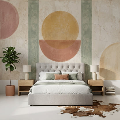 Geometrik Daireli Poster Duvar Kağıdı Bej Pastel Yatak Odası