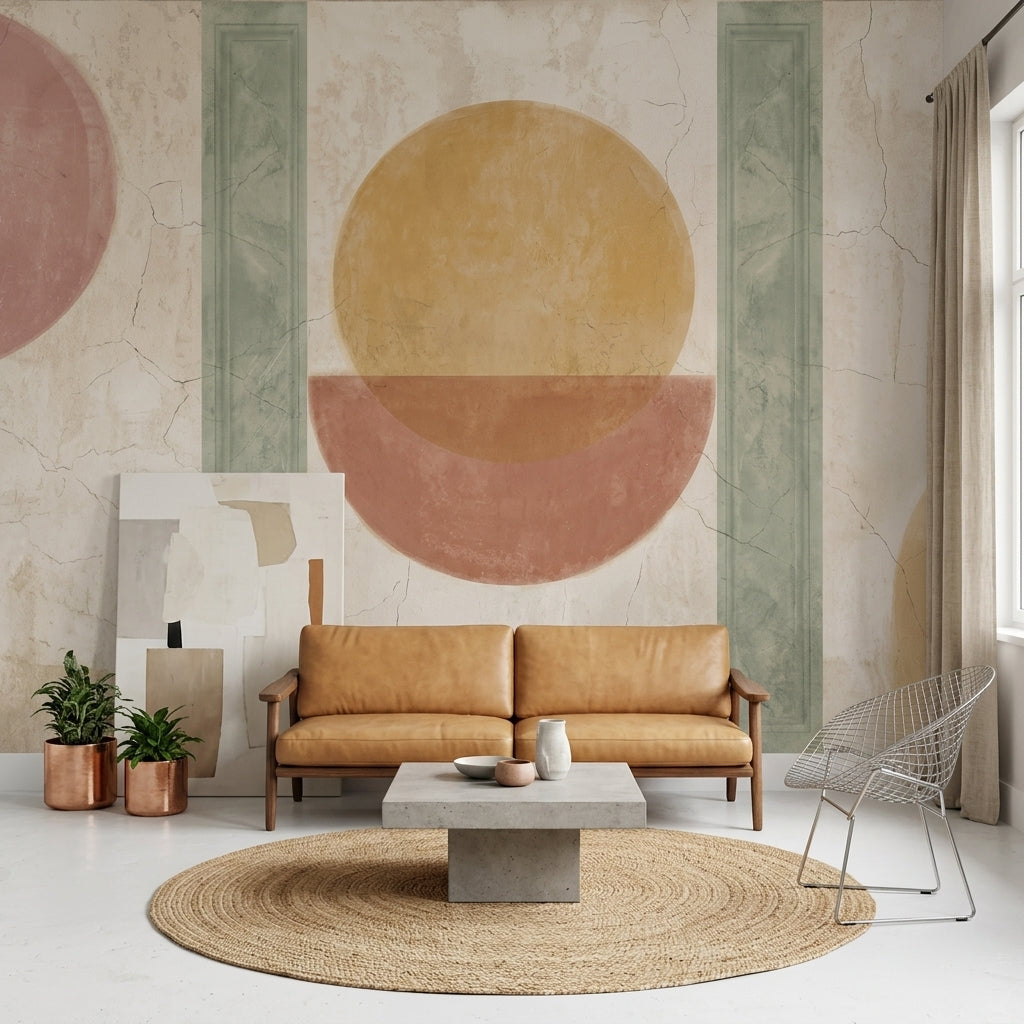 Geometrik Daireli Poster Duvar Kağıdı Bej Pastel Yatak Odası