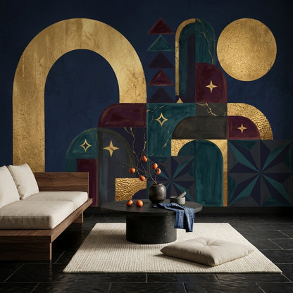 Soyut Geometrik Poster Duvar Kağıdı Lacivert Altın Salon