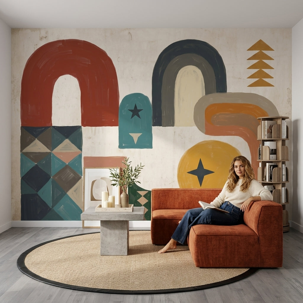 Soyut Geometrik Poster Duvar Kağıdı Renkli Kemer Desenli Salon