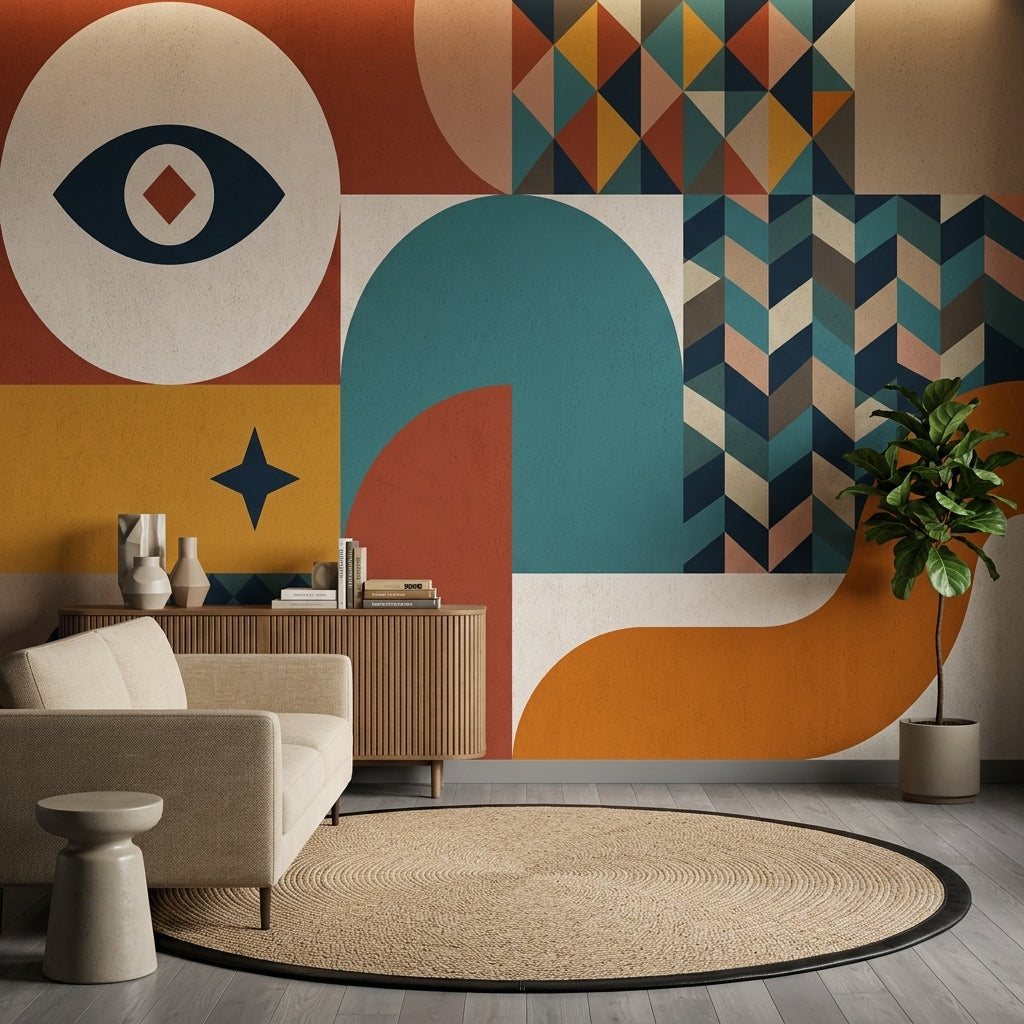 Geometrik Desenli Poster Duvar Kağıdı Retro Renkli Salon