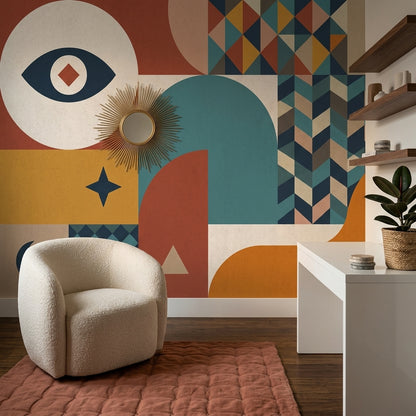 Geometrik Desenli Poster Duvar Kağıdı Retro Renkli Salon