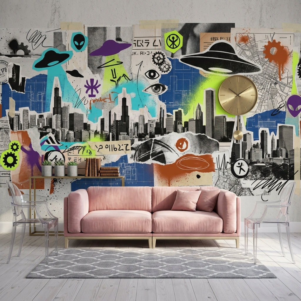Grafiti Şehir Silüetli Poster Duvar Kağıdı Neon Mavi Yeşil
