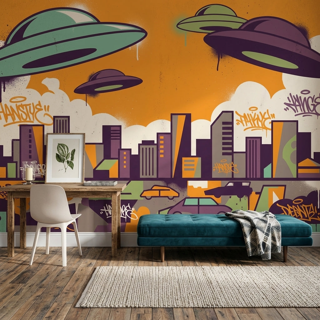 Uçan Daireli Şehir Grafiti Poster Duvar Kağıdı Turuncu Mor