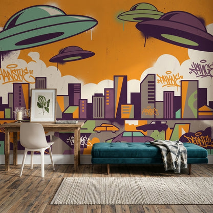 Uçan Daireli Şehir Grafiti Poster Duvar Kağıdı Turuncu Mor