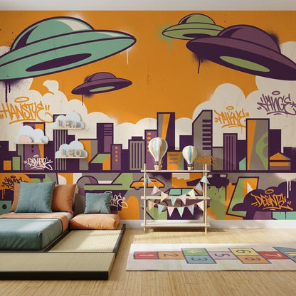 Uçan Daireli Şehir Grafiti Poster Duvar Kağıdı Turuncu Mor
