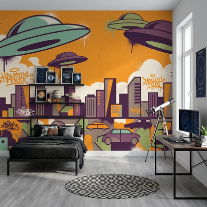 Uçan Daireli Şehir Grafiti Poster Duvar Kağıdı Turuncu Mor