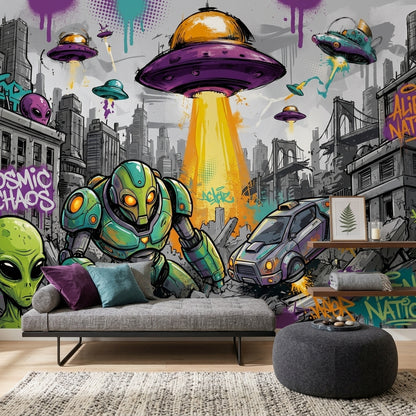 Uzaylı ve Robot Graffiti Poster Duvar Kağıdı Mor Yeşil