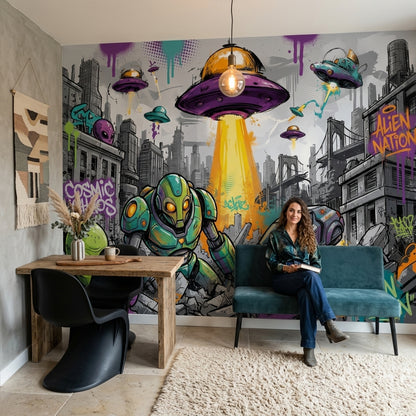 Uzaylı ve Robot Graffiti Poster Duvar Kağıdı Mor Yeşil