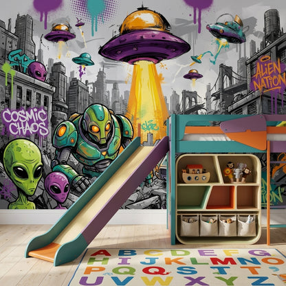 Uzaylı ve Robot Graffiti Poster Duvar Kağıdı Mor Yeşil