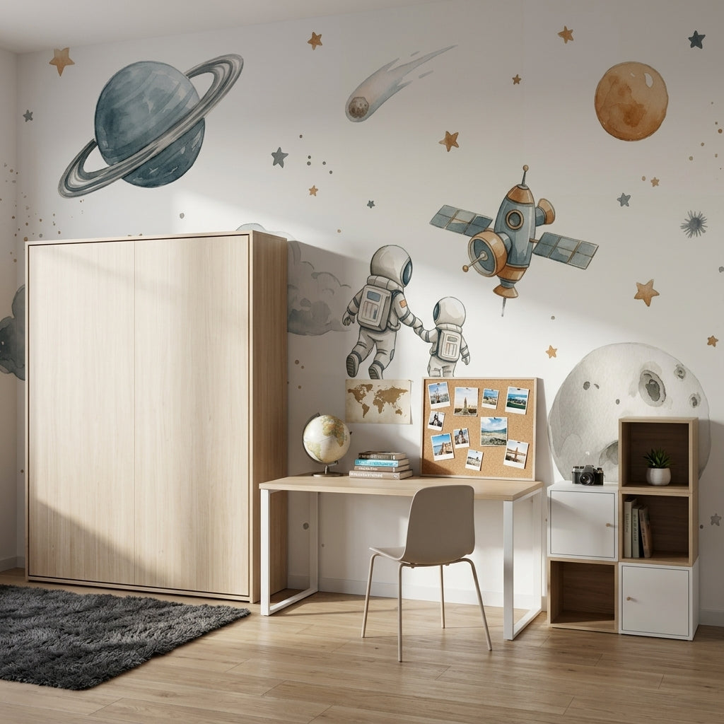 Uzay Temalı Poster Duvar Kağıdı Astronotlu Gezegen Desenli Çocuk Odası