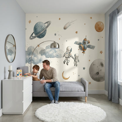 Uzay Temalı Poster Duvar Kağıdı Astronotlu Gezegen Desenli Çocuk Odası