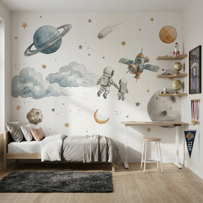 Uzay Temalı Poster Duvar Kağıdı Astronotlu Gezegen Desenli Çocuk Odası