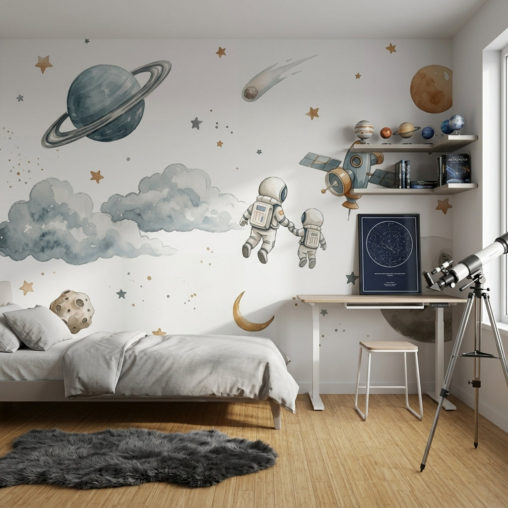 Uzay Temalı Poster Duvar Kağıdı Astronotlu Gezegen Desenli Çocuk Odası