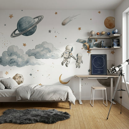 Uzay Temalı Poster Duvar Kağıdı Astronotlu Gezegen Desenli Çocuk Odası