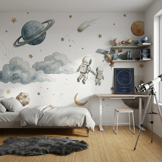 Uzay Temalı Poster Duvar Kağıdı Astronotlu Gezegen Desenli Çocuk Odası