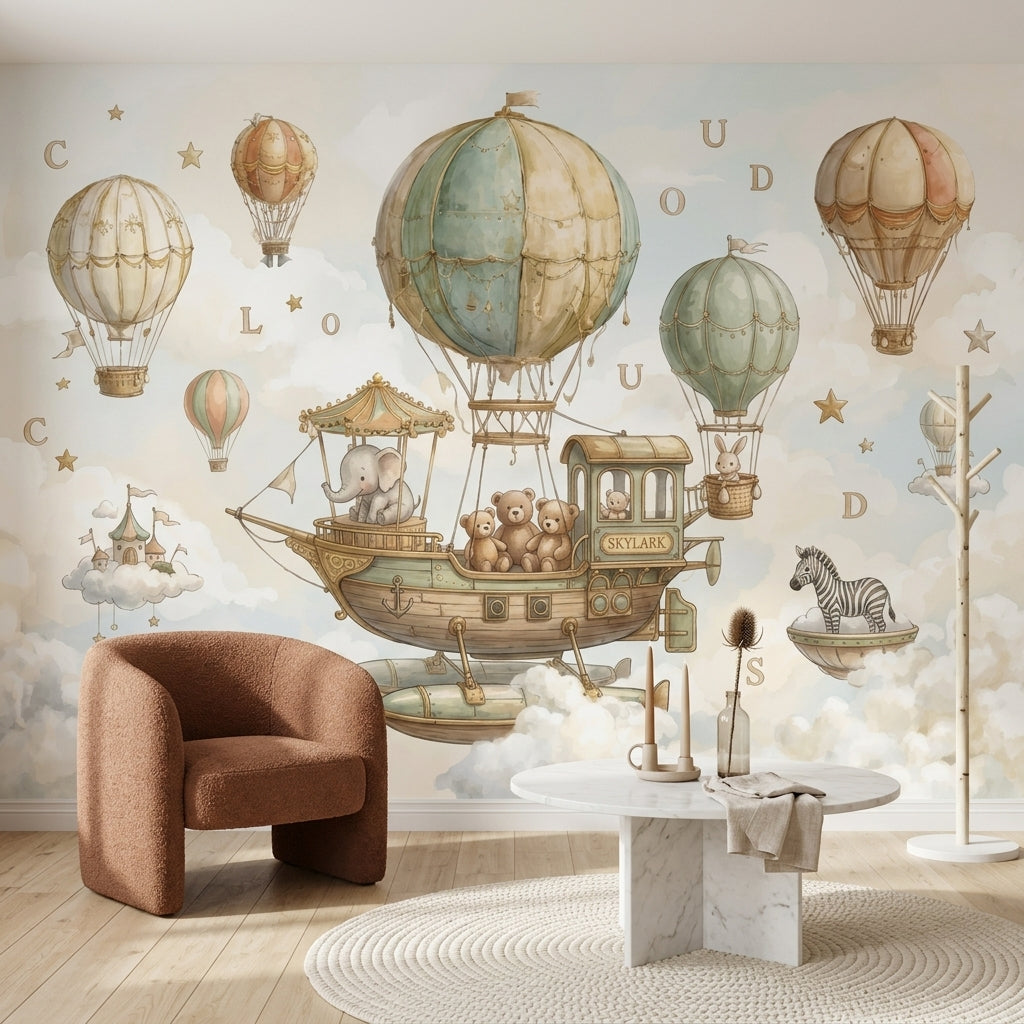 Balon ve Hayvanlı Poster Duvar Kağıdı Pastel Çocuk Odası