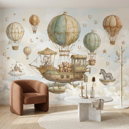 Balon ve Hayvanlı Poster Duvar Kağıdı Pastel Çocuk Odası