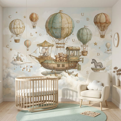 Balon ve Hayvanlı Poster Duvar Kağıdı Pastel Çocuk Odası