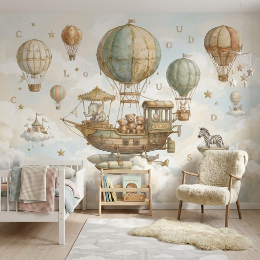 Balon ve Hayvanlı Poster Duvar Kağıdı Pastel Çocuk Odası