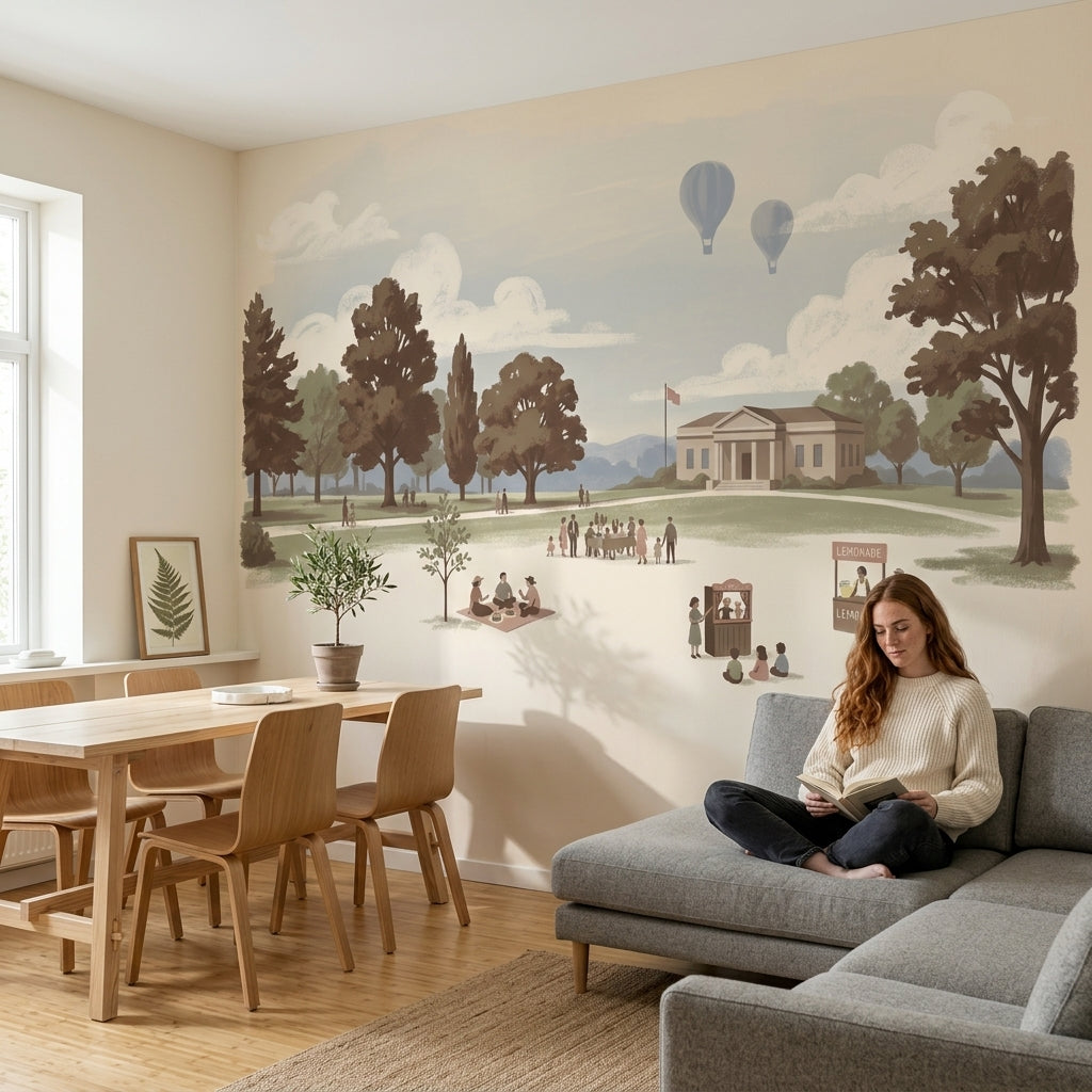 Park Manzaralı Poster Duvar Kağıdı Pastel Tonlu Salon Dekoru