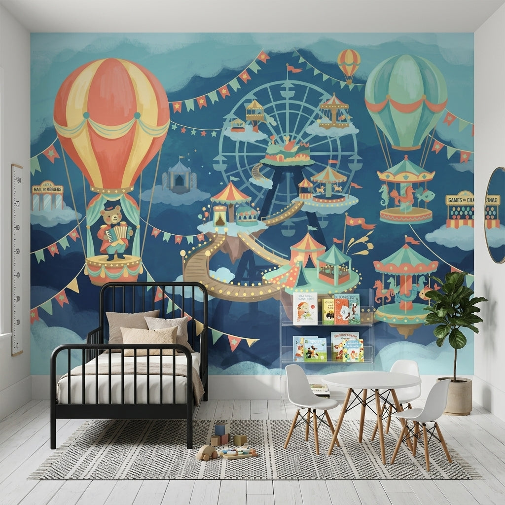 Lunapark Balonlu Poster Duvar Kağıdı Çocuk Odası Mavi