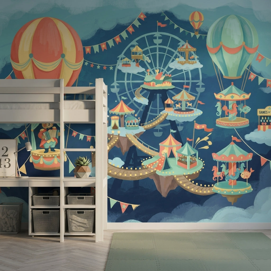 Lunapark Balonlu Poster Duvar Kağıdı Çocuk Odası Mavi