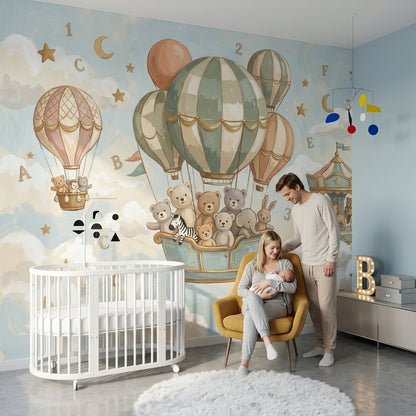 Uçan Balonlu Ayıcıklar Poster Duvar Kağıdı Bebek Odası Pastel