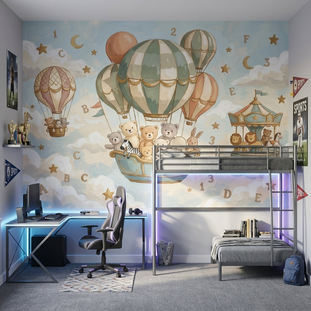 Uçan Balonlu Ayıcıklar Poster Duvar Kağıdı Bebek Odası Pastel