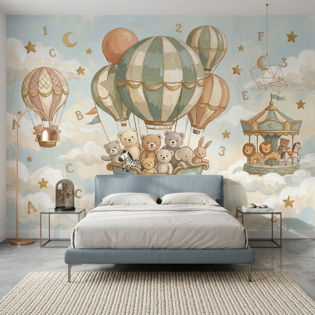 Uçan Balonlu Ayıcıklar Poster Duvar Kağıdı Bebek Odası Pastel