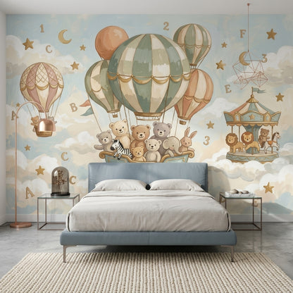 Uçan Balonlu Ayıcıklar Poster Duvar Kağıdı Bebek Odası Pastel