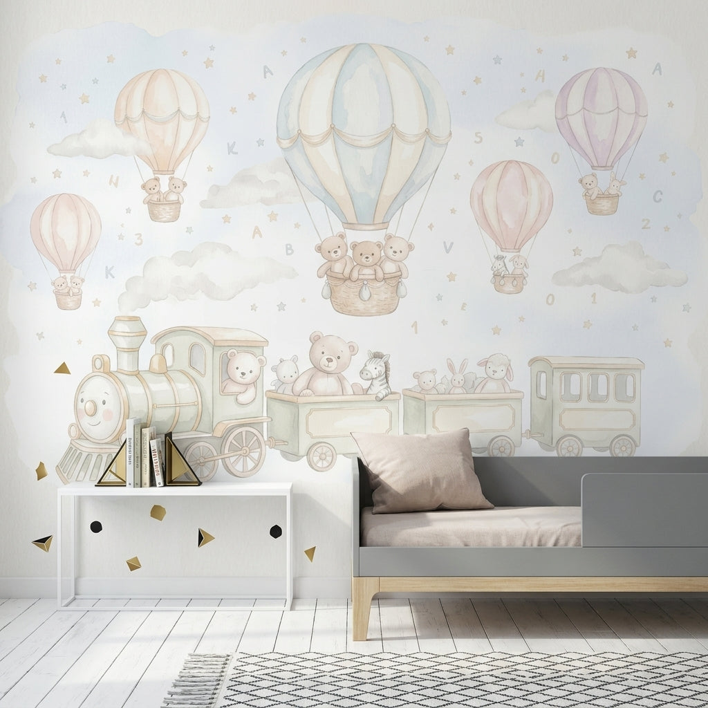 Balon ve Trenli Poster Duvar Kağıdı Pastel Çocuk Odası