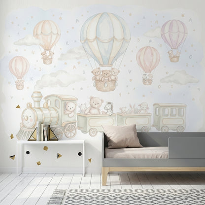 Balon ve Trenli Poster Duvar Kağıdı Pastel Çocuk Odası