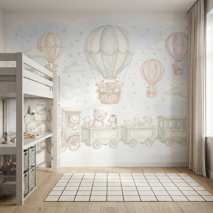Balon ve Trenli Poster Duvar Kağıdı Pastel Çocuk Odası