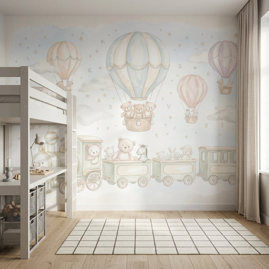 Balon ve Trenli Poster Duvar Kağıdı Pastel Çocuk Odası