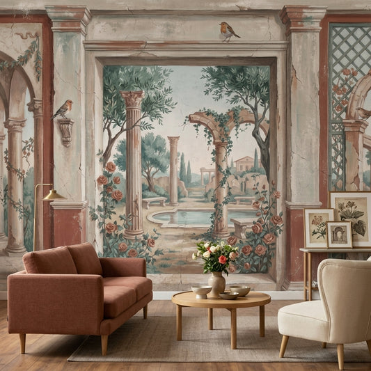Antik Bahçe Manzaralı Poster Duvar Kağıdı Klasik Salon Dekoru
