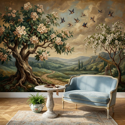 Çiçekli Ağaç ve Kuşlar Poster Duvar Kağıdı Klasik Salon