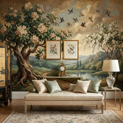 Çiçekli Ağaç ve Kuşlar Poster Duvar Kağıdı Klasik Salon