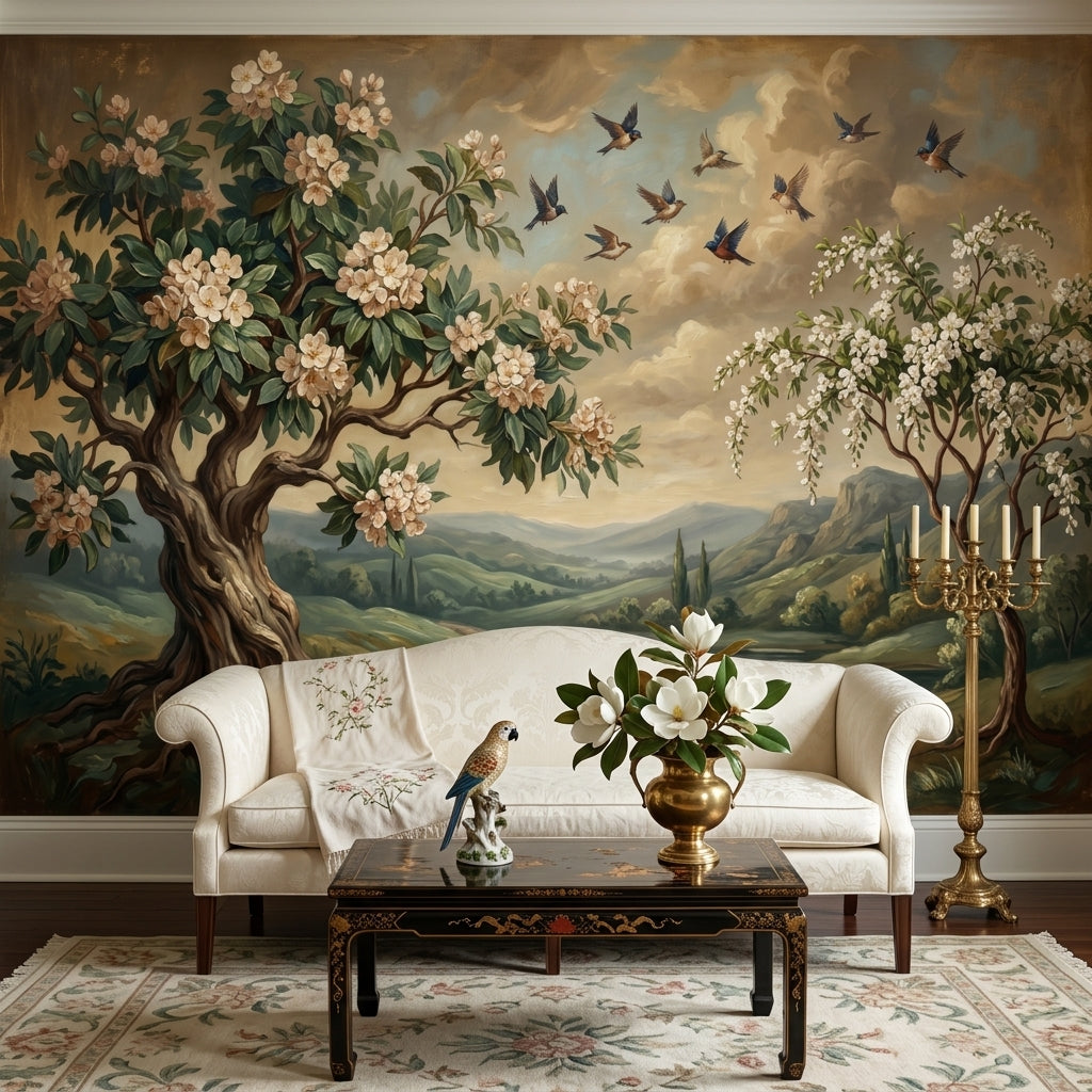 Çiçekli Ağaç ve Kuşlar Poster Duvar Kağıdı Klasik Salon