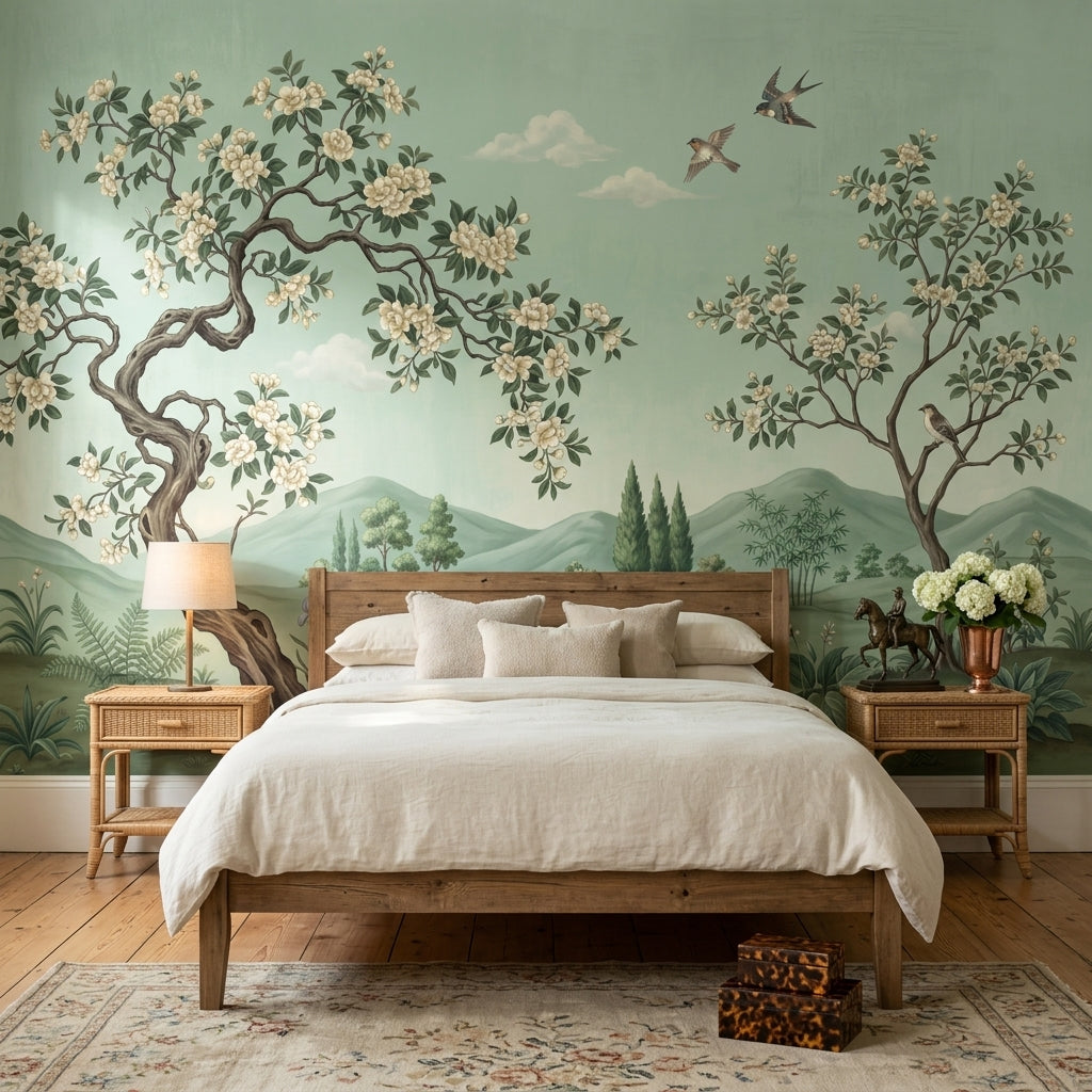 Çiçekli Kuşlu Peyzaj Poster Duvar Kağıdı Yeşil Salon