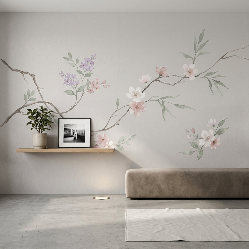 Pudra Pembe Çiçekli Poster Duvar Kağıdı Su Boya Desenli