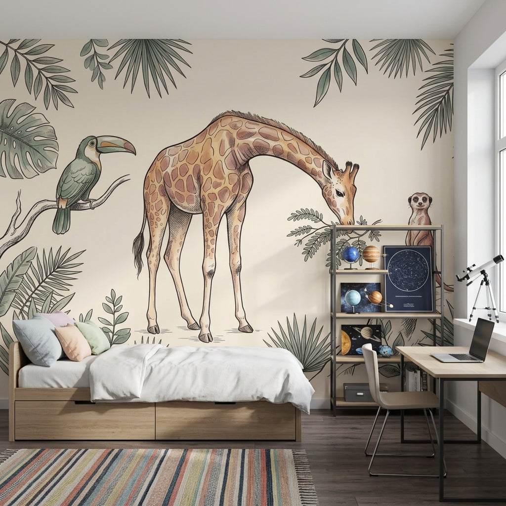 Zürafalı Safari Poster Duvar Kağıdı Yeşil Yapraklı Bebek Odası