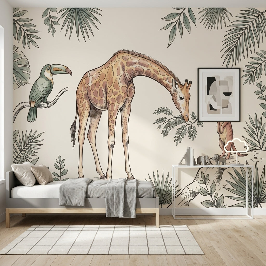 Zürafalı Safari Poster Duvar Kağıdı Yeşil Yapraklı Bebek Odası