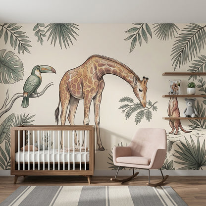 Zürafalı Safari Poster Duvar Kağıdı Yeşil Yapraklı Bebek Odası