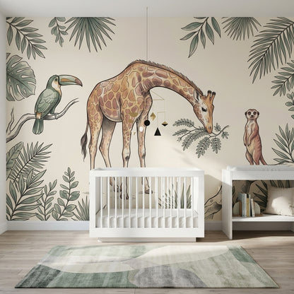 Zürafalı Safari Poster Duvar Kağıdı Yeşil Yapraklı Bebek Odası