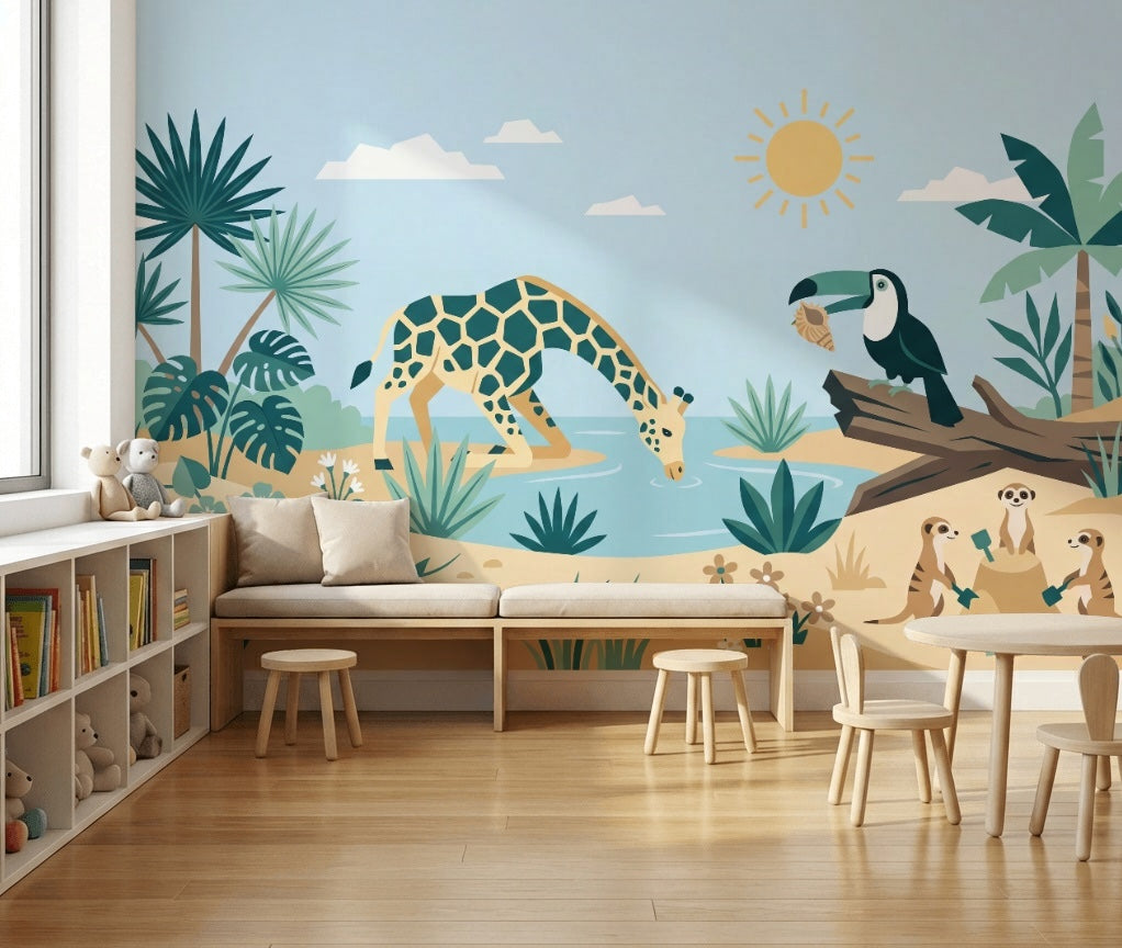 Safari Hayvanlı Poster Duvar Kağıdı Pastel Çocuk Odası Duvar Muralı