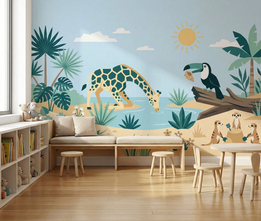 Safari Hayvanlı Poster Duvar Kağıdı Pastel Çocuk Odası Duvar Muralı