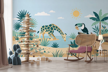 Safari Hayvanlı Poster Duvar Kağıdı Pastel Çocuk Odası Duvar Muralı