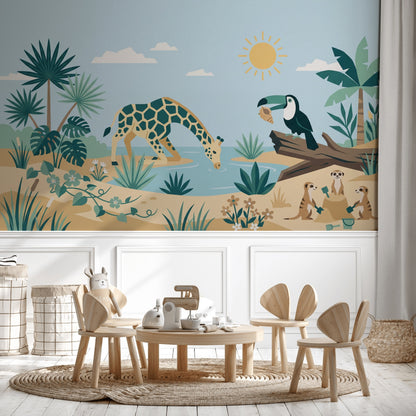 Safari Hayvanlı Poster Duvar Kağıdı Pastel Çocuk Odası Duvar Muralı