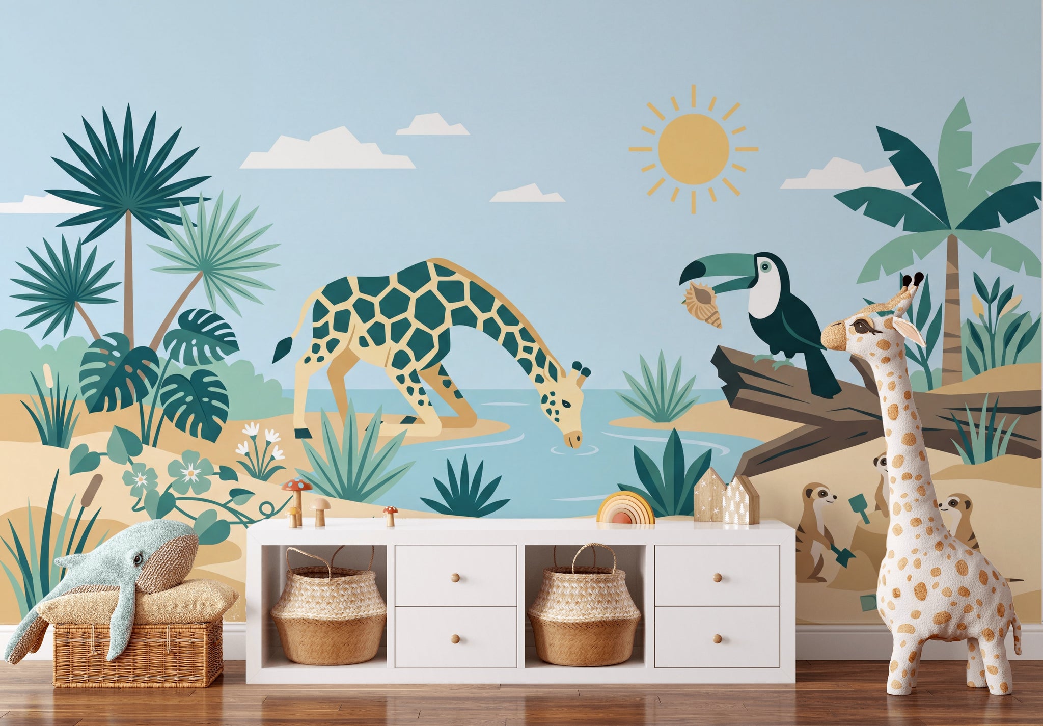 Safari Hayvanlı Poster Duvar Kağıdı Pastel Çocuk Odası Duvar Muralı